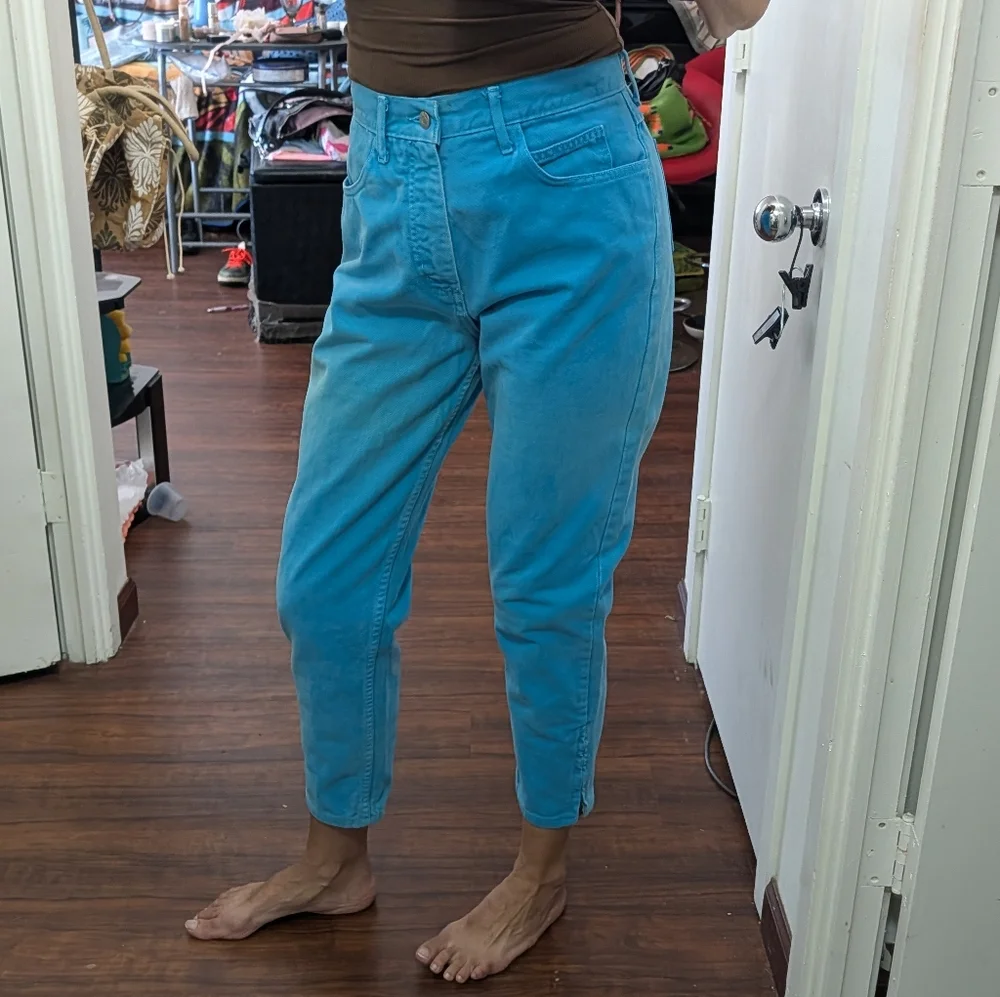 Vtg 80s Guess by Marciano USA ankle zip high-waisted aqua blue crop Mom Jeans - Picture 4 of 15
